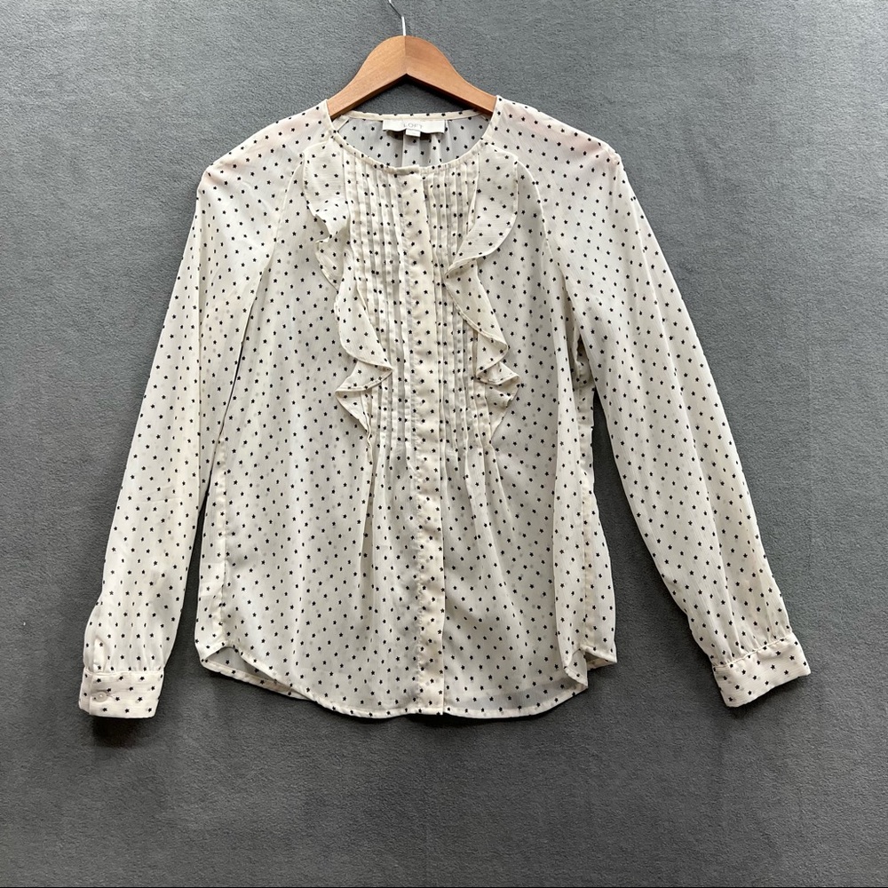 Ann Taylor Loft Women's Size Small Blouse Polka Dots Cream Black Sheer Ruffle